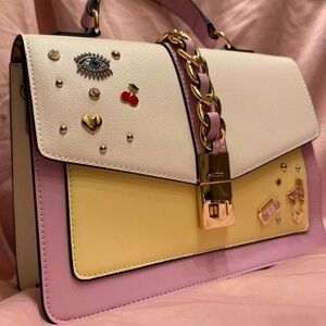 Aldo Colorblock Embellished Satchel Crossbody Bag Gold Chain Charms Pastel NWT